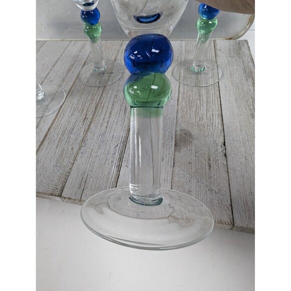 French Style Set of 4 Wine Drinking Glasses 8 5/8" Tall Clear Blue Green Stem - Picture 4 of 9